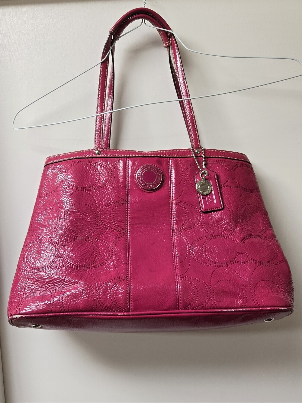 Coach Signature Patent Leather Tote – Style F19215 – Hot Pink / Fuchsia